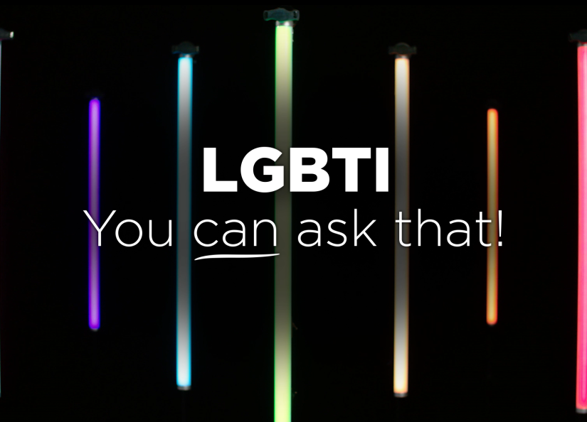 Thumbnail for Eldercare's LGBTI short film 'You can ask that' which features rainbow lights in the background.