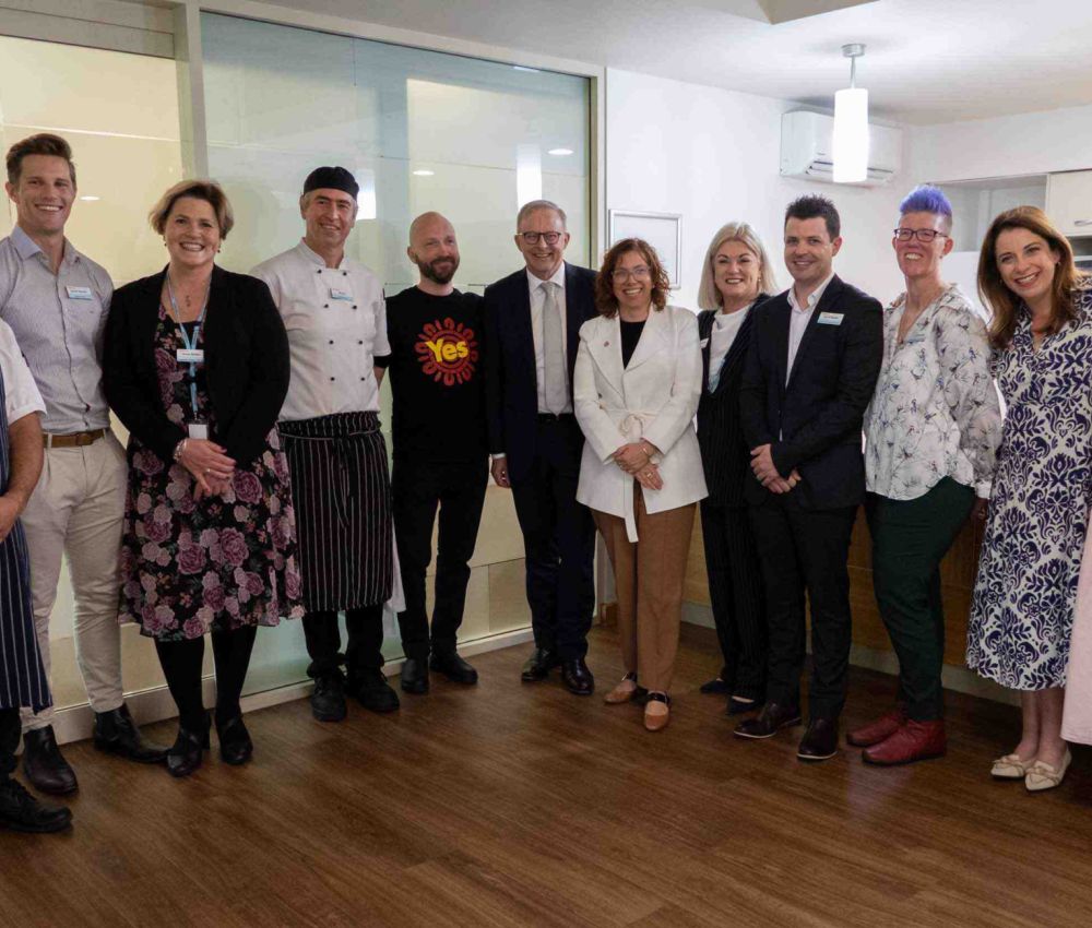 Eldercare Seaford Chef Jay Humagain, Eldercare Senior Dietitian Dan Barrett, Eldercare Hospitality Program Manager Ansie Bekker, Eldercare Seaford Chef Manager Arno Egle, Maggie Beer Foundation Chef Trainer and Mentor Lasse Povlsen, Prime Minister Anthony Albanese, the Hon Amanda Rishworth MP, Eldercare Chief Executive Jane Pickering, Eldercare General Manager Residential Care Jarrod Mudie, Eldercare Seaford Site Operations Manager Catherine Beaton-Barclay, the Hon Anika Wells MP, and Maggie Beer.