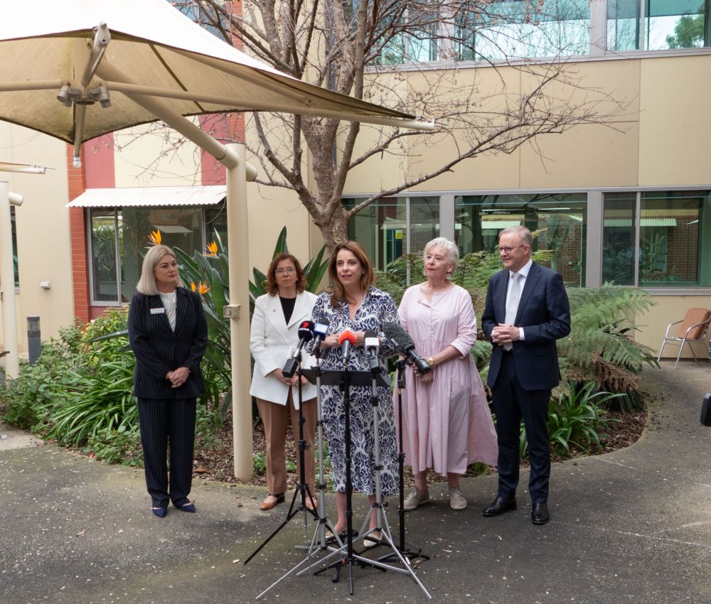 Eldercare Chief Executive Jane Pickering, the Hon Amanda Rishworth MP, the Hon Anika Wells MP, Maggie Beer, and Prime Minister Anthony Albanese.